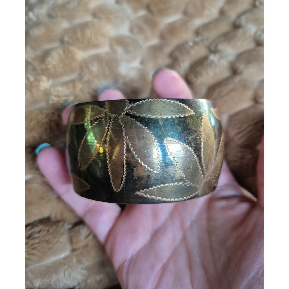 Vintage Brass Bangle Bracelet Wide Etched Leaf Floral Boho Statement Jewelry
